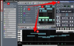 Abbildung 2: LMMS zeichnet sich durch die 15 eingebauten Software-Synthesizer (1) aus, die Sie auf eine Notenspur (4) ziehen, um deren Noten abzuspielen. Wie bei Hardware-Synthesizern lässt sich ihr Klang mit Drehreglern (3) einstellen.