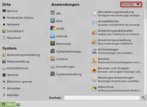 Abbildung 3: Mit dem rot markierten Button schalten Sie zwischen Favoritenansicht und der Anzeige aller Programme um. Der Cursor steht von Anfang an im "Suchen"-Feld. Sie brauchen nur ein paar Buchstaben zu tippen, um ein Programm zu finden.