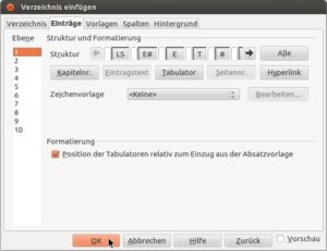 Abbildung 3: Auf dem Reiter "Einträge" beeinflussen Sie die Struktur des Inhaltsverzeichnisses.