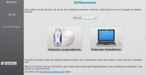 Abbildung 4: Über den Bootmenü-Eintrag "Start Kubuntu" gelangen Sie zu diesem Fenster, in dem Sie die Sprache auswählen und probeweise den KDE-Desktop im Live-Modus starten.