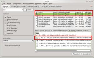 Abbildung 4: Sowohl "sox" als auch "libsox2" müssen unter OpenSuse aus dem Packman-Repository kommen, damit das Tool MP3 unterstützt.