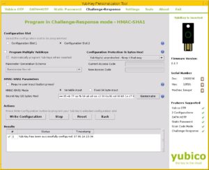 Abbildung 5: Das YubiKey-Personalisierungsprogramm signalisiert die erfolgreiche Konfiguration des YubiKey-Slots 2 für HMAC-SHA1.