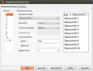 Abbildung 5: Über diesen Dialog beeinflussen Sie die Nummerierung der Überschriften im Inhaltsverzeichnis.