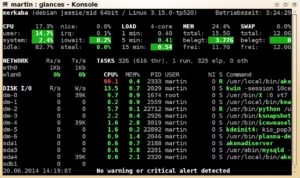Abbildung 6: Kompakt und informativ: Auch mit 80x24 Zeichen zeigt Glances viele Informationen. Die Akonadi POP3-Resource lastet einen CPU-Kern aus, aber auch Glances selbst ist als <code srcset=