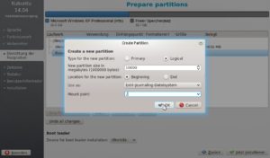 Abbildung 6: Beim Anlegen einer neuen Partition wählen Sie Größe, Dateisystem und Moint Point aus.