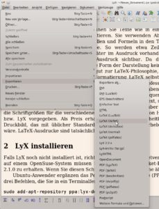 Abbildung 6: LyX kann in verschiedene Formate exportieren, darunter auch LaTeX-Varianten (ohne LyX-Erweiterung).