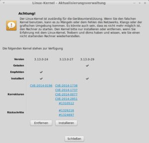 Abbildung 8: Kernel-Updates behandelt Linux Mint mit besonderer Sorgfalt: Anhand von Links auf den Ubuntu-Bugreports können Sie vor dem Einspielen prüfen, welche Probleme bei anderen Anwendern aufgetreten sind.