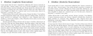 Abbildung 9: Es gibt verschiedene Konventionen dafür, wie man Absätze voneinander trennt – links die englische Variante (Standard bei LaTeX), rechts die deutsche mit Absatzabstand ohne Einzug.
