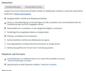Abbildung 2: Bereits in der Grundeinstellung aktiviert Google in Chrome diverse Dienste, die reichlich Daten an die Server des Unternehmens senden.
