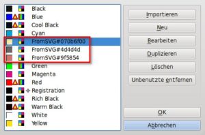 Abbildung 6: Auch wenn der Scribus-SVG-Importfilter Schwächen aufweist, übernimmt er zumindest die mit einem Farbprofil verbundenen Farben aus Inkscape.