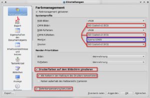 Abbildung 7: Wie schon in Inkscape basiert das Scribus-Farbmanagement auf einem RGB-Bildschirmprofil (blau) und einem CMYK-Druckprofil (rot). Aktivieren Sie für eine Simulation der Druckfarben die markierten Kontrollkästchen unten im Dialog.