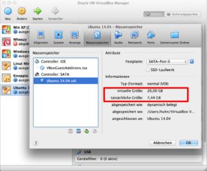 Abbildung 1: Das VirtualBox-Image "Ubuntu 14.04.vdi" ist nun 20 GByte groß (hier unter OS X). Es handelt sich um ein dynamisch wachsendes Image, das heißt, dass es nur den tatsächlich benötigten Platz belegen wird.