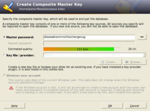 Abbildung 1: Keepass schützt Passwörter mit einem Master-Passwort und auf Wunsch zusätzlich mit einer Schlüsseldatei.