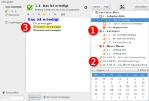 Abbildung 1: Wenn Sie unmittelbar nach dem Programmstart lostippen, legt Lifeograph unten in der Notizenliste einen datumsgebundenen Eintrag an. Um Ordnung zu halten, ziehen Sie diesen nach oben in die Themengliederung.