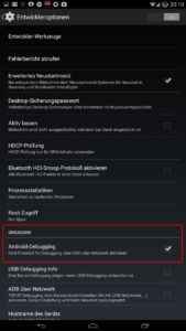 Abbildung 1: Der Menüpunkt "Android-Debugging" muss aktiviert sein, damit der Zugriff per RDB möglich wird.
