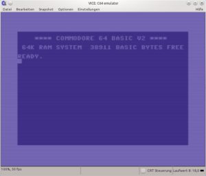 Abbildung 11: Nach dem Start zeigt der C64 einen blinkenden Cursor und "READY". Am oberen Rand sehen Sie, dass er automatisch einen Interpreter für die Programmiersprache BASIC gestartet hat.