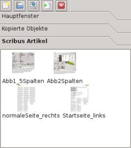 Abbildung 11: Die Scribus-Bibliothek speichert Auswahlen mehrerer Objekte bis hin zu ganzen Seiten und merkt sich auch deren Position im Layout.