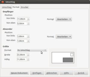 Abbildung 2: Für einen DIN-A4-Brief suchen Sie aus dem Drop-down-Menü "Format" den Eintrag "DL Umschlag" aus.