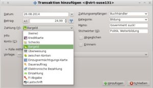 Abbildung 2: Im Dialog "Transaktion hinzufügen" verbuchen Sie Ausgaben geordnet und zügig.