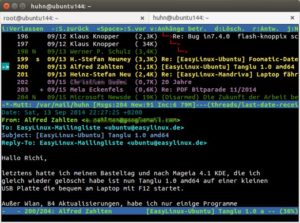 Abbildung 2: Farben bringen mehr Übersicht in den Mutt-Index. Dienstliche Mails erscheinen in diesem Beispiel pink und Post an die EasyLinux-Mailinglisten gelb.
