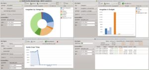 Abbildung 3: Für einen Überblick der Ausgaben pro Kategorie, die Budgetplanung und den Verlauf des Kontostands zeichnet Homebank farbige Diagramme.