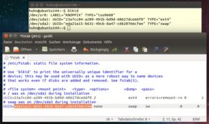 Abbildung 3: Damit das Linux-System die neue Swap-Partition erkennt, tragen Sie den UUID in die Datei "/etc/fstab" ein. Diese bearbeiten Sie als Administrator in einem Texteditor Ihrer Wahl (hier GEdit).