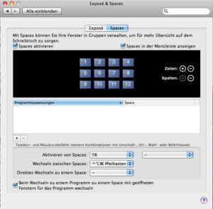 Abbildung 4: Virtuelle Desktops heißen bei OS X "Spaces", sonst ändert sich nichts. Ältere Versionen (im Bild: 10.6.8) erlaubten noch die Matrix-Anordnung.