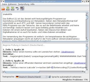 Abbildung 5: Das LanguageTool ist in der Lage, auch teilweise (mit LaTeX) formatierte Texte zu bearbeiten, wobei es bei Bedarf versucht, die im Text verwendete Sprache automatisch zu erkennen.