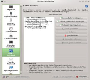 Abbildung 5: Auf welche Protokolldateien KSystemlog zugreift, können Sie frei konfigurieren.