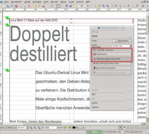 Abbildung 6: Drei Textrahmen (grüne Pfeile) mit aktiviertem Textumfluss (rote Markierung) und unterschiedlicher Schriftgröße bilden den Kopfbereich des Artikels.