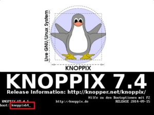 Abbildung 6: Sollte die automatische Hardware-Erkennung von Knoppix streiken, booten Sie mit diesem Cheatcode die 64-Bit-Variante der Live-Distribution.