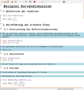 Abbildung 4: wxMaxima erlaubt ein strukturiertes Dokumentieren. Um das Ergebnis zu sehen, werten Sie in der Applikation über die entsprechenden Menüeinträge alle Zeilen aus.
