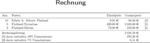 Abbildung 2: Diese Rechnung zeigt ein weiteres Beispiel für die Möglichkeiten, die der Tabellensatz mit LaTeX bietet. Auch Tabellenkalkulation stellt für LaTeX kein Problem dar.