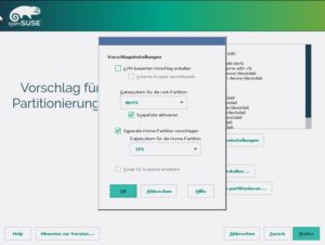 Abbildung 2: Anders als bisher legt OpenSuse bereits in der Grundeinstellung eine eigene Home-Partition an. Das Ändern Sie in den <code srcset=