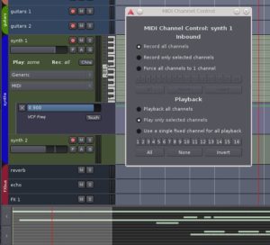 Abbildung 5: Die neue Midi-Kanalauswahl in einer Synthesizer-Spur mit aufgeklappter Automatisationsspur für den Filter des verwendeten Synth-Plugins.
