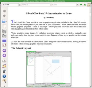 Abbildung 9: Calibres recht brauchbarer Reader kommt auch mit großen E-Books zurecht. Eine Reihe von Details stellen Sie mit den Schaltern links und oben manuell ein.