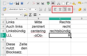 Abbildung 11: Zellen können Sie links- und rechtsbündig, zentriert und im Blocksatz ausrichten. Die dafür zuständigen Icons sind hier rot markiert.