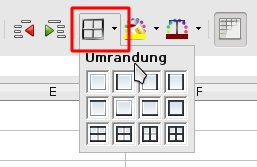 Abbildung 12: Klicken Sie auf das Umrandungs-Icon (rot markiert), haben Sie die Wahl zwischen zwölf Möglichkeiten, Linien einzuziehen.