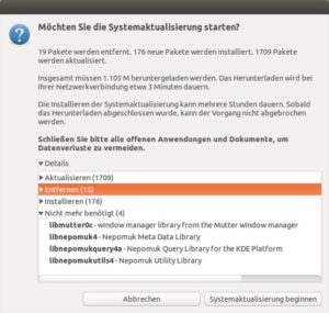 Abbildung 2: Das ist für die bevorstehende Aktualisierung auf Ubuntu 14.10 geplant: Der Dialog listet alle Pakete auf, die das Programm im Laufe des Upgrades aktualisiert, entfernt, neu installiert und nicht länger benötigt.