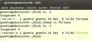 Abbildung 3: Eine Datei machen Sie mit dem Befehl "chmod +x" ausführbar. Die beiden "ls"-Kommandos zeigen den Zustand vorher und nachher.