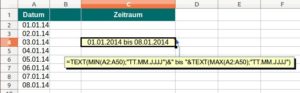 Abbildung 3: Mit Hilfe der Funktion "TEXT()" und Platzhaltern wie "T", "M" und "J" können Sie einen Zeitraum als Datumsangabe formatieren.