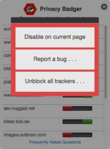 Abbildung 3: Das Add-on hat minimale Einstellungsmöglichkeiten. Entweder deaktivieren Sie es für einzelne Webseiten ("Disable on current page") oder starten ganz von vorne ("Unblock all trackers").