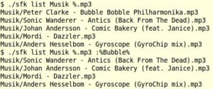 Abbildung 3: Der erste Befehl gibt alle MP3-Dateien aus, der zweite unterdrückt zusätzlich alle Dateien mit dem Wort <code srcset=