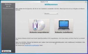 Abbildung 4: Über den Bootmenü-Eintrag "Start Kubuntu" gelangen Sie zu diesem Fenster, in dem Sie die Sprache auswählen und probeweise den KDE-Desktop im Live-Modus starten.