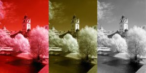 Abbildung 4: Mit einem Filter erzeugen viele Digitalkameras ein Infrarotfoto wie das Bild links. Mit Gimp bearbeiten Sie es nach und erhalten z. B. Ergebnisse wie in der Mitte (Kanalmixer) oder rechts (in Schwarz-Weiß).