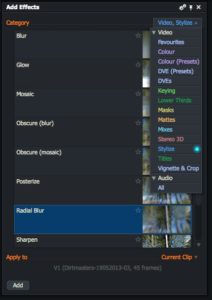 Abbildung 4: Lightworks bringt zahlreiche Effekte zum Verändern der Videos mit, darunter Weichzeichner, Farbfilter und Mosaikmuster.
