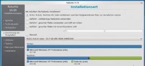 Abbildung 5: Die Standardsituation: Windows belegt die ganze Platte; dann schlägt der Installer vor, diesen Platz aufzuteilen.
