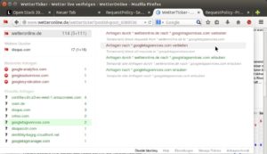 Abbildung 5: RequestPolicy Continued ermöglicht es, Drittanbieter-Anfragen temporär oder immer zu gestatten bzw. zu verbieten.