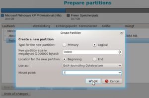 Abbildung 6: Beim Anlegen einer neuen Partition wählen Sie Größe, Dateisystem und Moint Point aus.