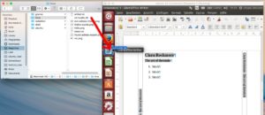 Abbildung 6: Auf dem Host läuft OS X und als Gast ein Ubuntu-System. Per Drag & Drop wandert die Datei "cd-huelle.ott" nach rechts, und LibreOffice Writer öffnet das Dokument.